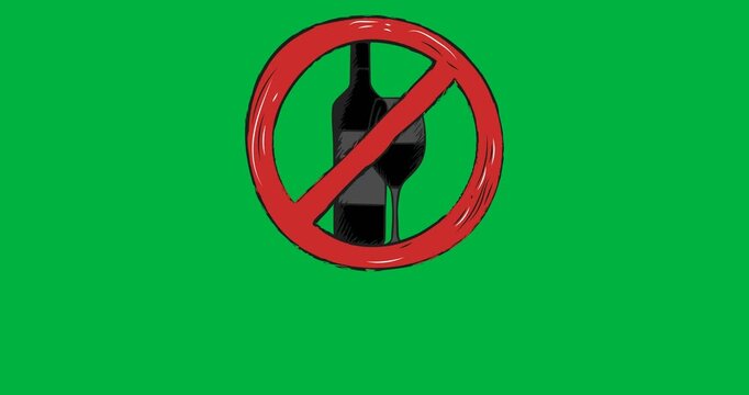 Digital animation of red stop sign over alcohol bottle and glass against black background