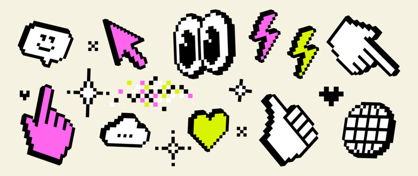 Trendy pixel icon set with cursor, hand, like, heart, globe, chat and lightning symbols. Retro 8-bit style UI elements for social media, apps, digital communication and modern interface design
