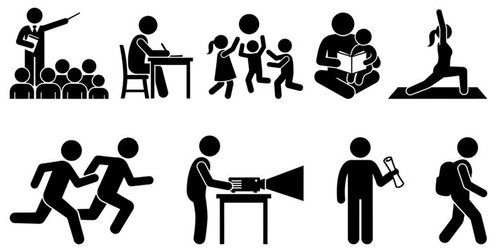 A collection of simple black stick figures illustrating various activities including teaching learning playing reading yoga running presenting graduating and walking to school
