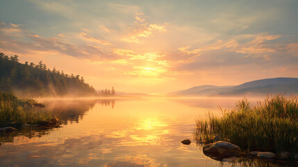 Obraz premium A serene landscape featuring a calm lake at sunset, surrounded by lush greenery and gentle mist.
