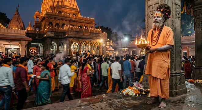 Sadhu Standing Near Crowded Hindu Temple, Devotional Festival Scene India
