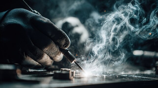 Engineer carefully soldering electronic components. Closeup of components during soldering process. Close inspection of solder joints and thermal effects in initial circuit fabrication phase