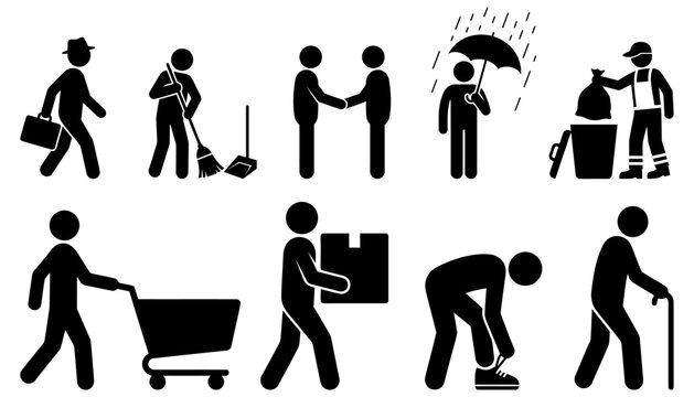 A collection of simple black stick figures illustrating various daily activities and occupations such as walking with a briefcase sweeping shaking hands holding an umbrella taking out trash
