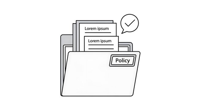 Minimalist business policy folder icon, corporate document management system, digital file organization with checkmark and lorem ipsum text