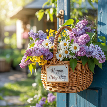 Happy May Day with a wicker basket of fresh spring flowers hanging on a rustic door in soft sunlight