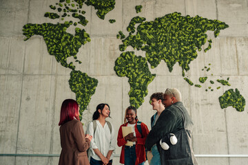 Naklejka na ściany i meble Diverse students connecting in front of an educational moss world map, embracing global unity and environmental sustainability