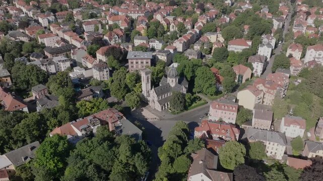 Aerial Drone shot of Weimar old town cultural city in Thuringia, Germany. Summer Day. 