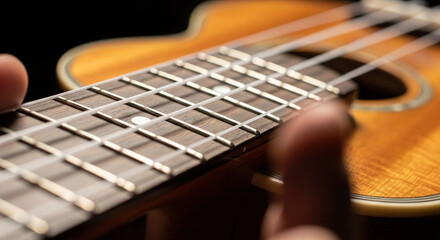 Fototapeta premium Close-Up of a Wooden Guitar Neck with Metal Strings