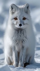 Fototapeta premium Arctic fox sits calmly in deep snow. Fur is thick and pure white, eyes amber. Snow covers ground around it. Looks directly at camera with alert gaze. Suitable for winter, wildlife, or nature themes