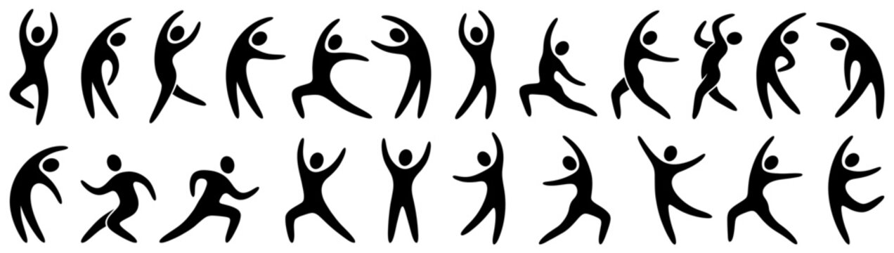 Collection of stylized black human figures in dynamic poses depicting various forms of movement and exercise fitness yoga dance action silhouette active healthy lifestyle