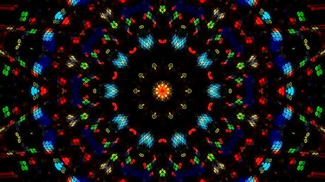 Abstract kaleidoscope pattern with bright symmetrical shapes creating a futuristic artistic composition and captivating visual.