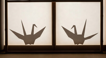 Fototapeta premium Two Origami Cranes Silhouetted Against a Window