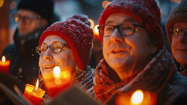 Carolers clad winter garb sing joyfully snowy evening, their candlelit faces aglow with festive cheer, radiating warmth amidst cold winter surroundings, filling atmosphere with lively music happiness