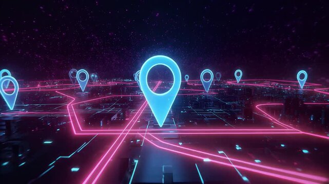 Dynamic digital map with glowing location pins and neon data streams, representing global connectivi