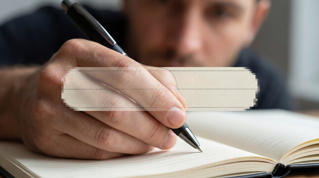 Close up of a writing man in a notebook, whose hand is covered by a semi-transparent pixel rectangle for your text