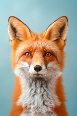 Fototapeta premium Red fox portrait against soft blue background. Fox has bright amber eyes and alert ears. Fur shows rich orange and white markings. Perfect for wildlife, nature, or editorial content