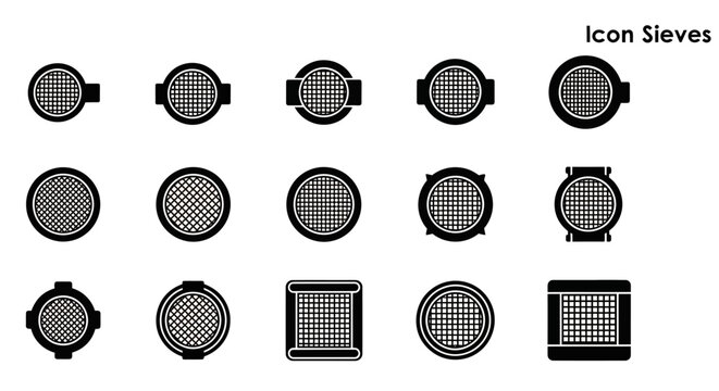 Icon Sieves, Sieve Icons, Kitchen Symbols, Black and White Graphics, Vector Icons Set