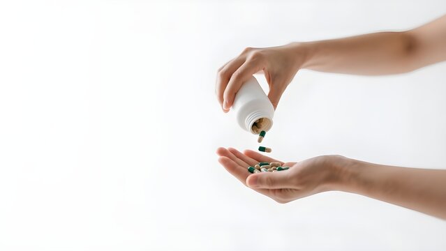 Person pouring pills from a bottle into their hand, representing medication and health.