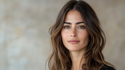 Fototapeta premium Close-up portrait of a woman with long brown hair and brown eyes, against a neutral background. She has a calm and confident expression