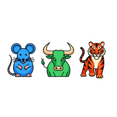Naklejka premium Chinese Zodiac Animals: Rat, Ox, Tiger - Cute Cartoon Icons