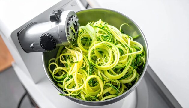 Vegetable spiralizer creating fresh zucchini noodles in a bright kitchen setting