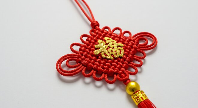 鮮やかな赤色が純粋な白に映える中国結び 精緻な紐細工と金色の「福」が祝福と豊かさをもたらす縁起の良い伝統工芸品. AI Generated