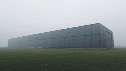 Obraz premium Contemporary warehouse building surrounded by thick fog emphasizing minimalism geometry and empty industrial environment