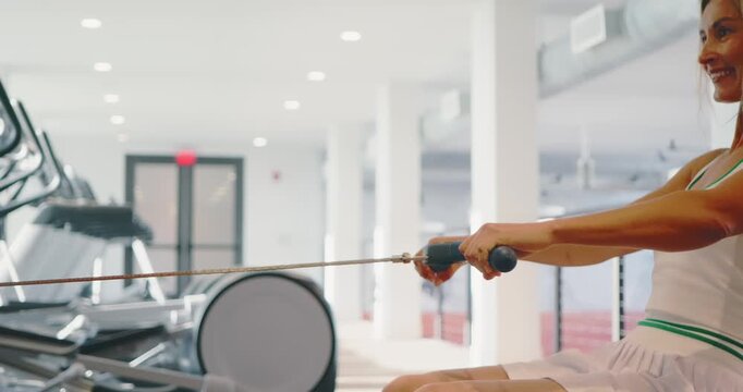 Woman Exercising on Rowing Machine in Modern Gym