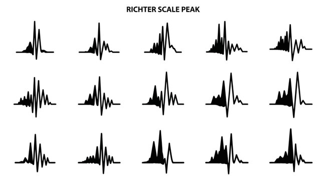 Richter Scale, Seismic Waves, Earthquake Icons, Vector Set of 16