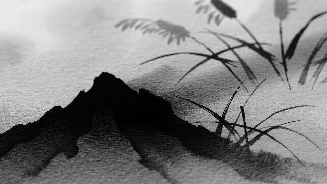 Hand-painted Monochrome Ink Wash Illustration of Zen Nature Scene - Creative Studio Background
