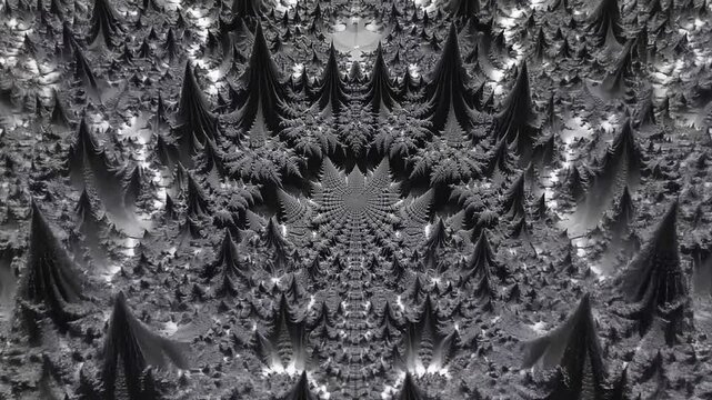 Monochromatic 3D Fractal Landscape Zooming Through Spiky Geometric Structures Deep Black Void - Abstract Sci-Fi Visual