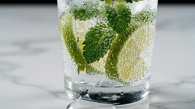 Refreshing lime and mint drink with ice and bubbles in glass