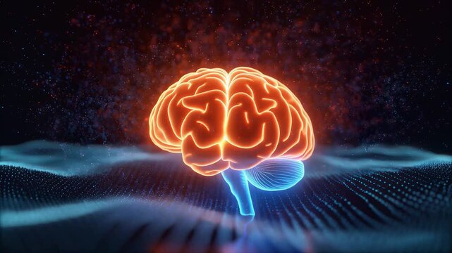 Dynamic glowing human brain pulsating with energy over abstract digital waves, symbolizing intellige