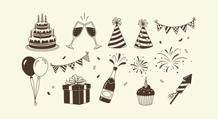 Hand-drawn party celebration icon set with cake, balloons, champagne, fireworks, and gift box doodle. © Vectorus