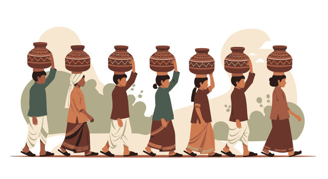 Group of people carrying pots on their heads.