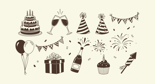 Hand-drawn party celebration icon set with cake, balloons, champagne, fireworks, and gift box doodle.