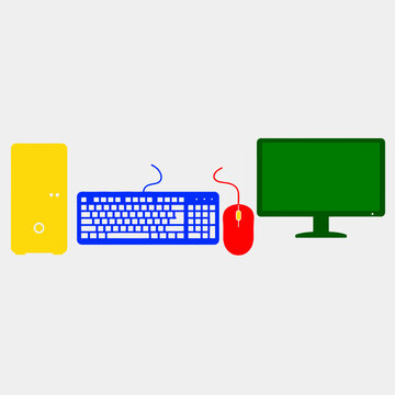 Colorful Desktop Computer Setup: Yellow Tower, Blue Keyboard, Red Mouse, Green Monitor