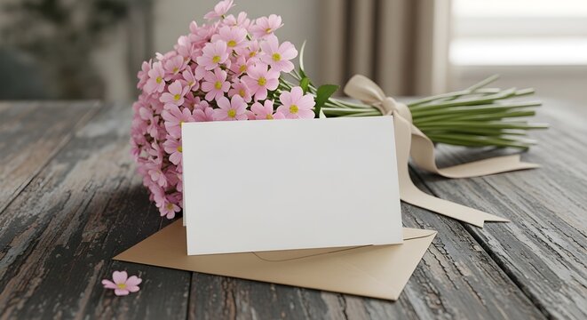 Blank greeting card on a brown envelope with a bouquet of pink flowers on a rustic wooden table