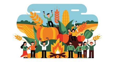 Naklejka premium Happy People Celebrating Harvest Festival Around Bonfire.
