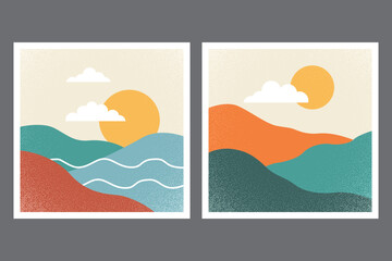 Fototapeta premium Set of two minimalist mid-century framed wall art prints featuring abstract nature landscapes.