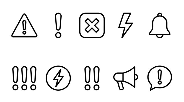 Collection of vector warning and alert icons featuring triangle warning, exclamation marks, cross, lightning bolt, bell, megaphone, and speech bubble.