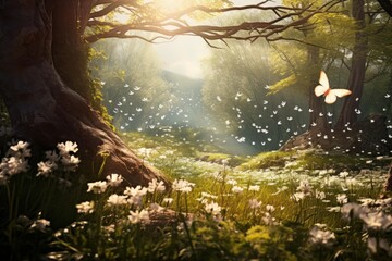 Naklejka premium Sunlight beams illuminating a magical forest scene with flying white butterflies and blooming flowers