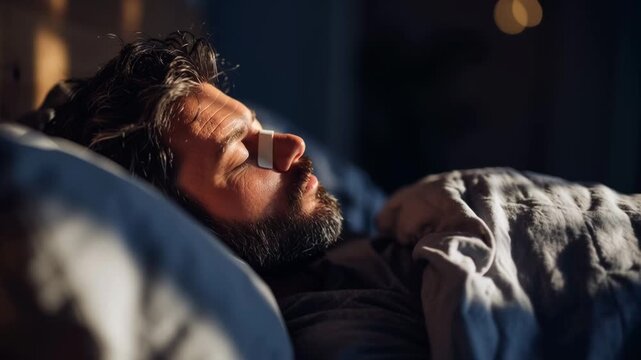 Mouth tape sleeping man side view bearded man in bedroom close up, nasal breathing sleep health bedtime relaxation on pillow