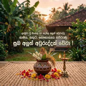 Sinhala and Tamil New Year Wishes with traditional flowers and lamp on a mat - Suba Aluth Avuruddak Weva