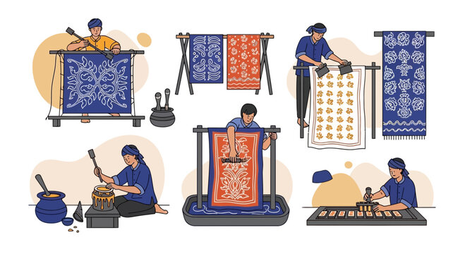 Traditional Batik Making Process and Cultural Performance Depicted.