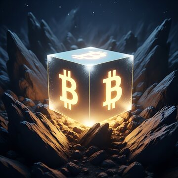 Bitcoin Block - A Digital Treasure in a Rocky Landscape.