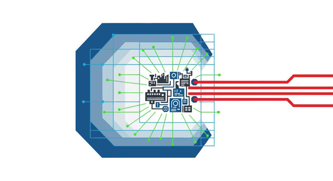 Overhead digital schematic shows interconnected factory equipment within a layered blue octagon shape, with green gridlines and red output lines extending to the right, set against a clean