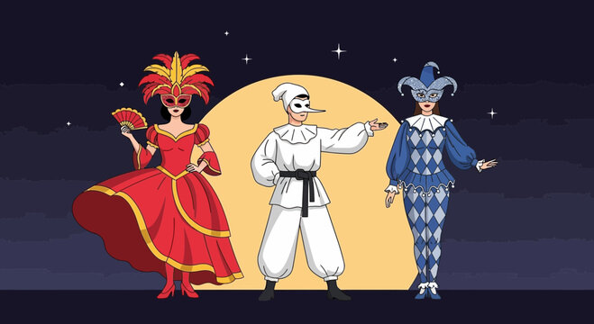 Venetian Carnival Characters in Traditional Costumes.