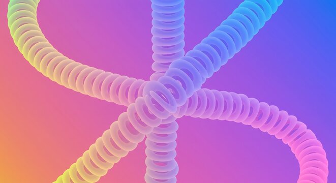柔らかな輝きを放つ虹色パステルグラデーションの立体的な曲線チューブが優雅に絡み合い未来的な美しさと幻想的な空間を創り出す. AI Generated