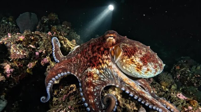 A giant Pacific octopus hunting at night on a rocky reef, its body shifting through a rapid sequence of camouflage textures and colours as it moves across the substrate